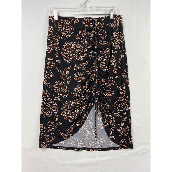 White House Black Market Dresses & Skirts - White House Black Market Midi Skirt Womens Size M Black Floral Ruched Front Slit